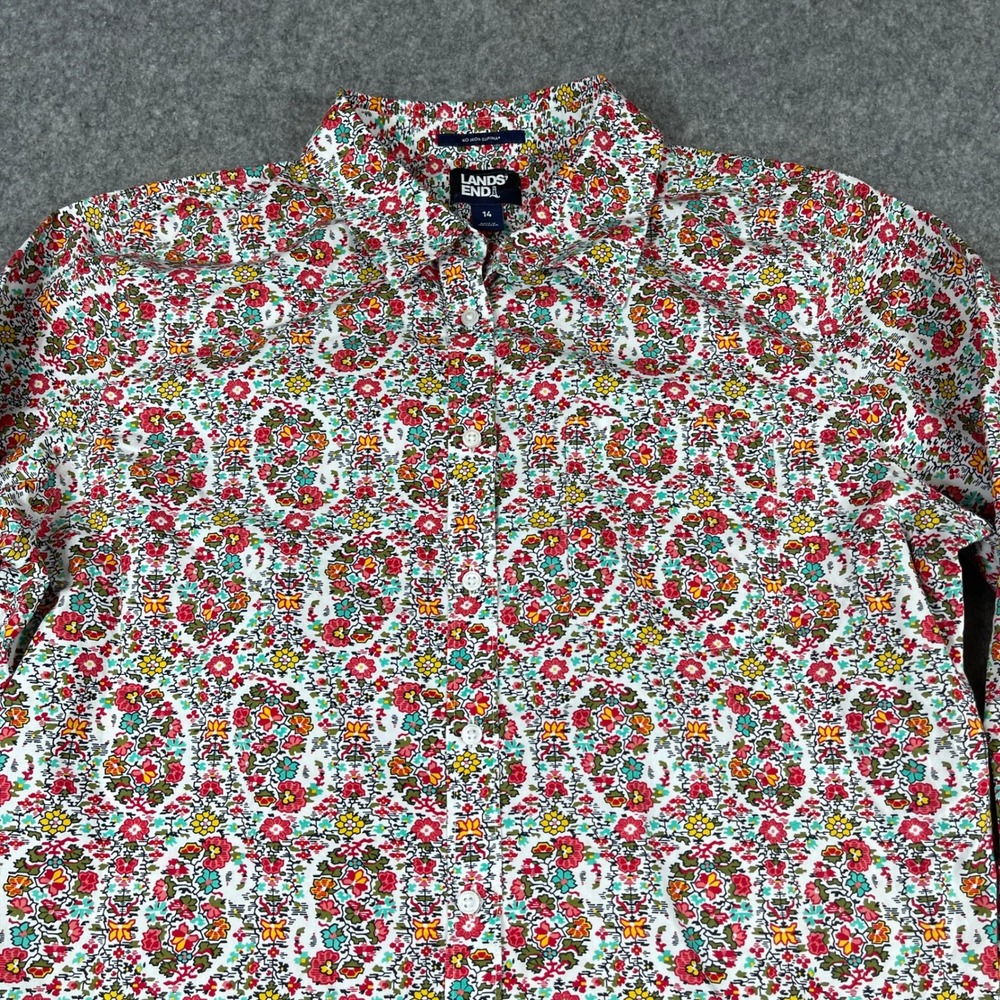 Lands End No Iron Supima Cotton Floral Paisley 3/4 Sleeve Shirt Women's 14